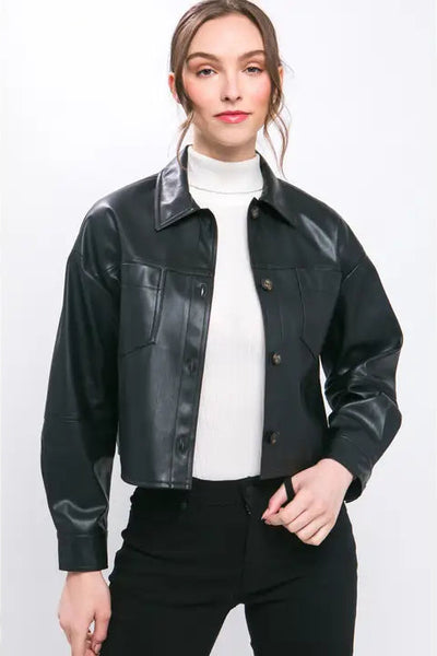 maxwell james boxy crop cropped faux leather jacket going out date night fall