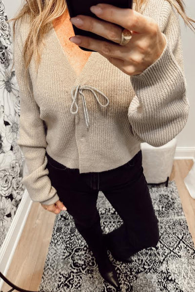 maxwell James jeans Stanton Jace long sleeve v-neck sweater cardigan with rhinestone shoelace bow 