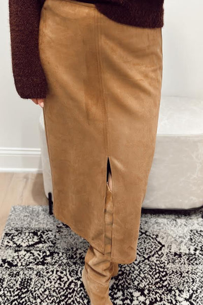 Maxwell James jeans Stanton Lila suede tan maxi skirt with front slit