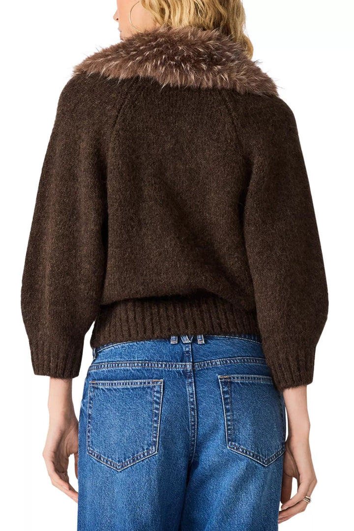 steve madden odessa zip up knit sweater with a faux fur collar in espresso brown with denim jeans and a black leather handbag