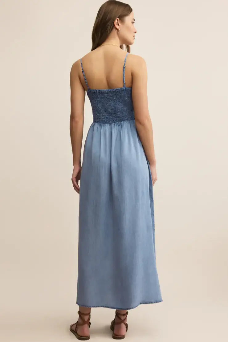 Z Supply Women's Lyocell Bayside Chambray Midi Dress in Medium Chambray/Blue | Size: Medium | Buckle