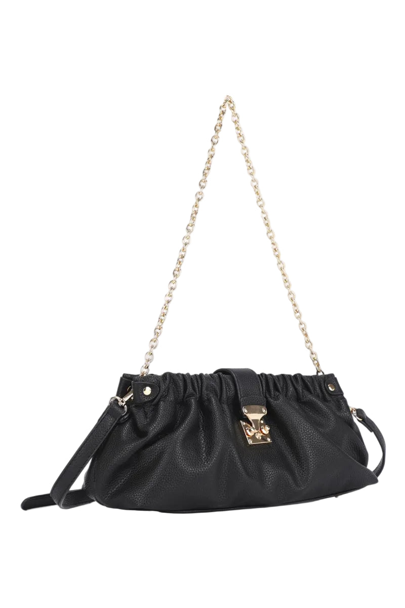 Cassidy cross body gold chain shoulder pleated slouchy clutch black with gold hardware 