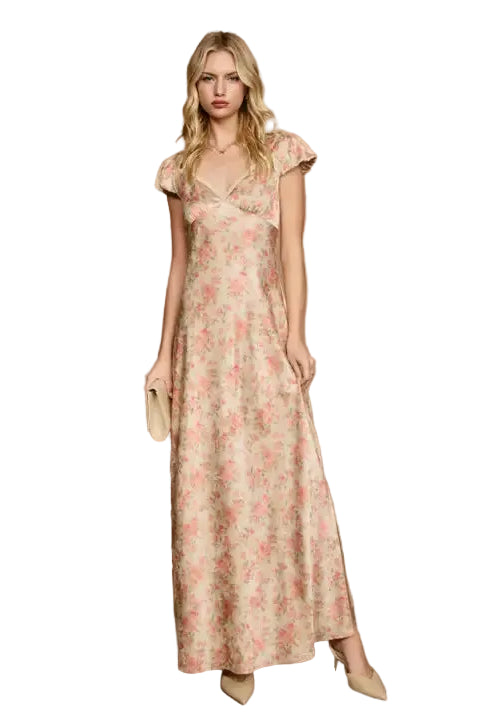 maxwell james jeans stanton floral maxi dress lace trim side slit pink floral