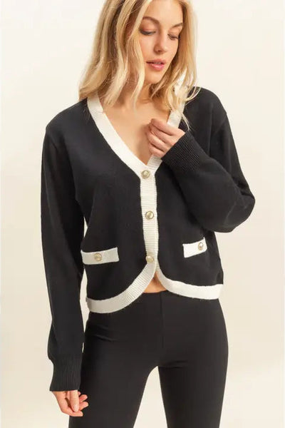 maxwell james stanton color contrast curve hem gold button cardi cardigan sweater