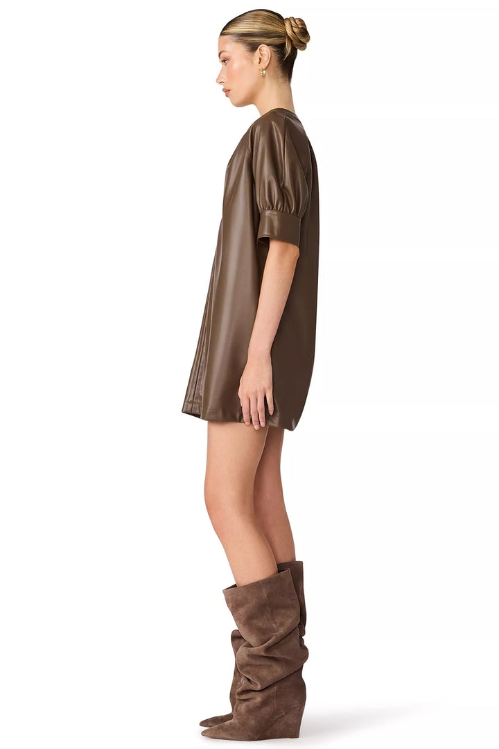 steve madden sharleene faux leather short puff sleeve mini dress cocoa with brown suede boots