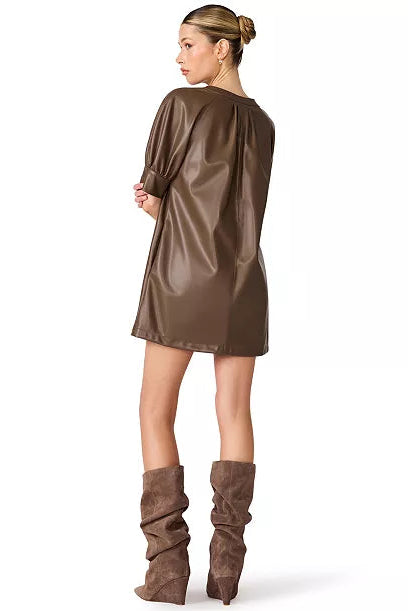 steve madden sharleene faux leather short puff sleeve mini dress cocoa with brown suede boots