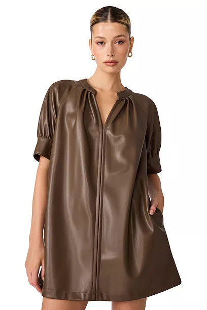 steve madden faux leather dress Women's Sharleene Puff-Sleeve Polyurethane Mini - Cocoa navy blue party dress
