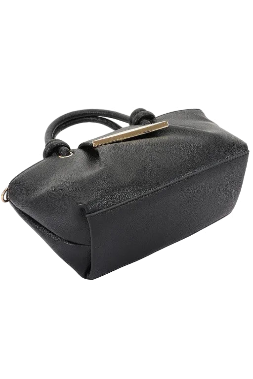 Black textured faux leather top handle handbag with gold chain and accents on a white background