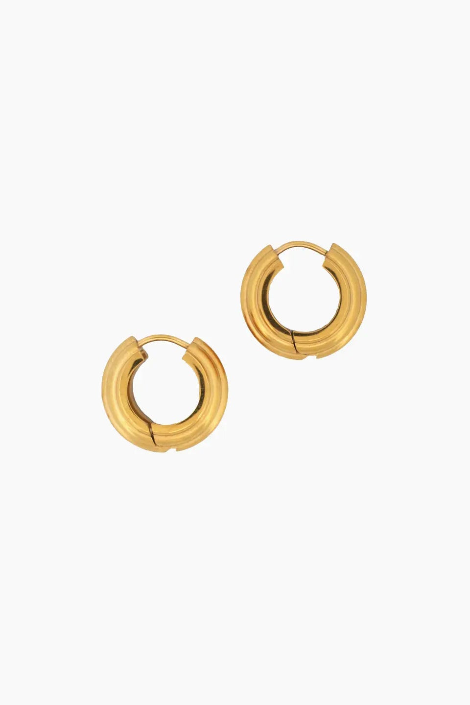 A pair of gold-toned segmented hoop earrings on a plain white background. may martin 14k gold-dipped cassidy hoop earrings