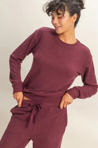 MAXWELL JAMES STANTONN BRUSHED WAFFLE LONG SLEEVE TOP COZY SOFT LOUNGE CASUAL 