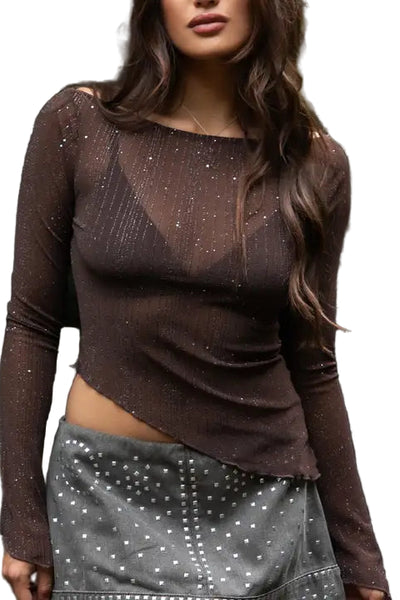 maxwell-james-jeans-stanton-sheer-long-sleeve-brown-sparkle-top-asymmetrical