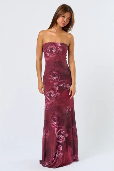 maxwell james mesh strapless maxi dress burgundy floral wedding date night party fun pretty
