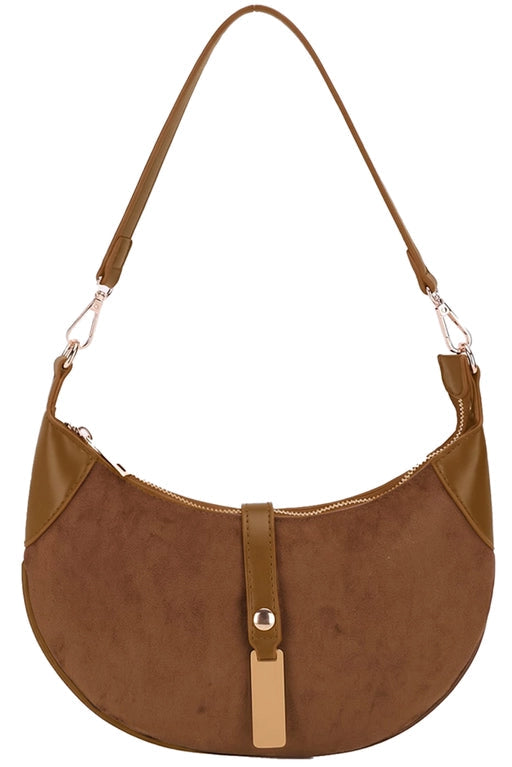 maxwell james crescent-shaped shoulder bag with a suede-like body, smooth  vegan leather trim, and a matching  shoulder strap