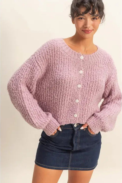 maxwell james stanton plush fluffy oft cardi cardigan crop cropped button down front cute pink fall