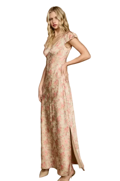 maxwell james jeans stanton floral maxi dress lace trim side slit pink floral