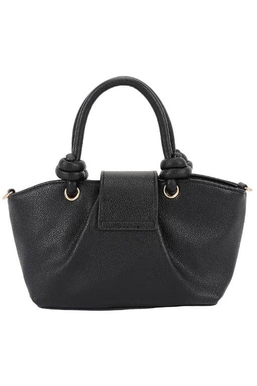 Black textured faux leather top handle handbag with gold chain and accents on a white background