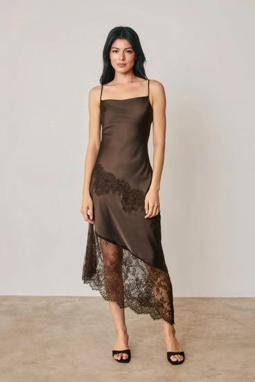 Maxwell James Stanton asymmetrical midi lace slip dress wedding date night brown