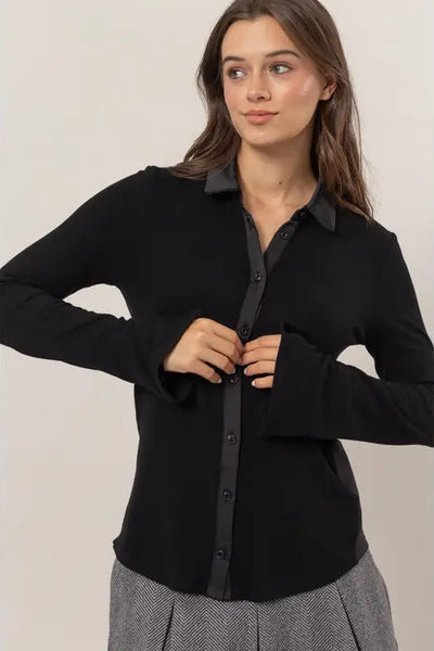 maxwell james stanton mixed media short button down satin ribbed work going out 
