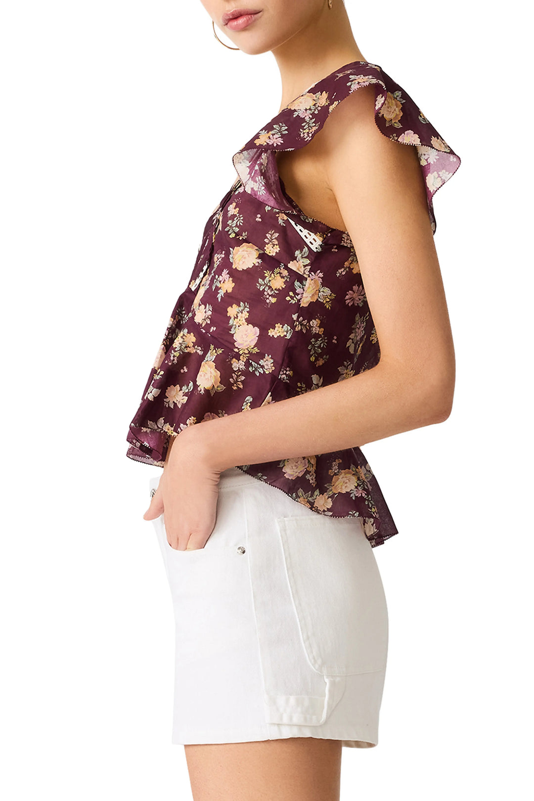 Steve Madden Leyla short flutter sleeve port wine top with floral print and lace trim with white shorts 