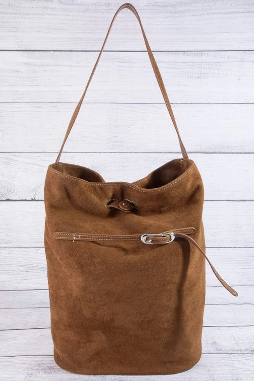 maxwell james faux suede buckle bucket bag shoulder handbag brown