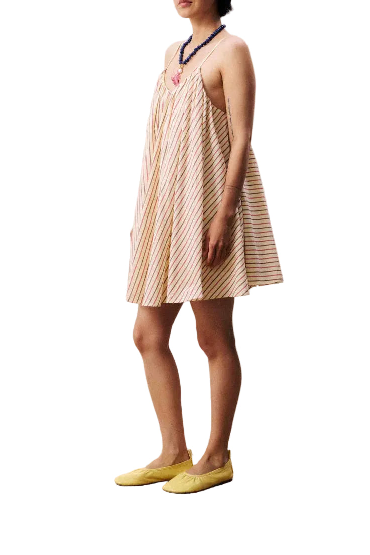 FRNCH poroa mini dress in butter yellow with pink and neutral strips with yellow flats