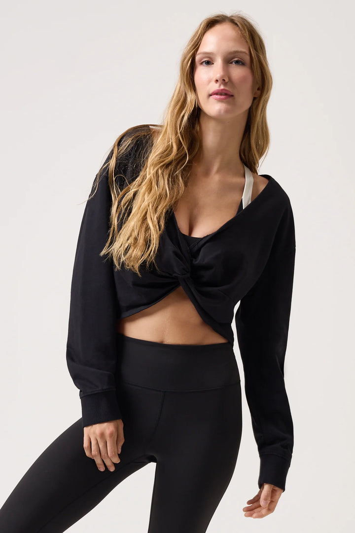 spiritual gangster mystic long sleeve open twist back reversible cropped sweatshirt black athleisure women&