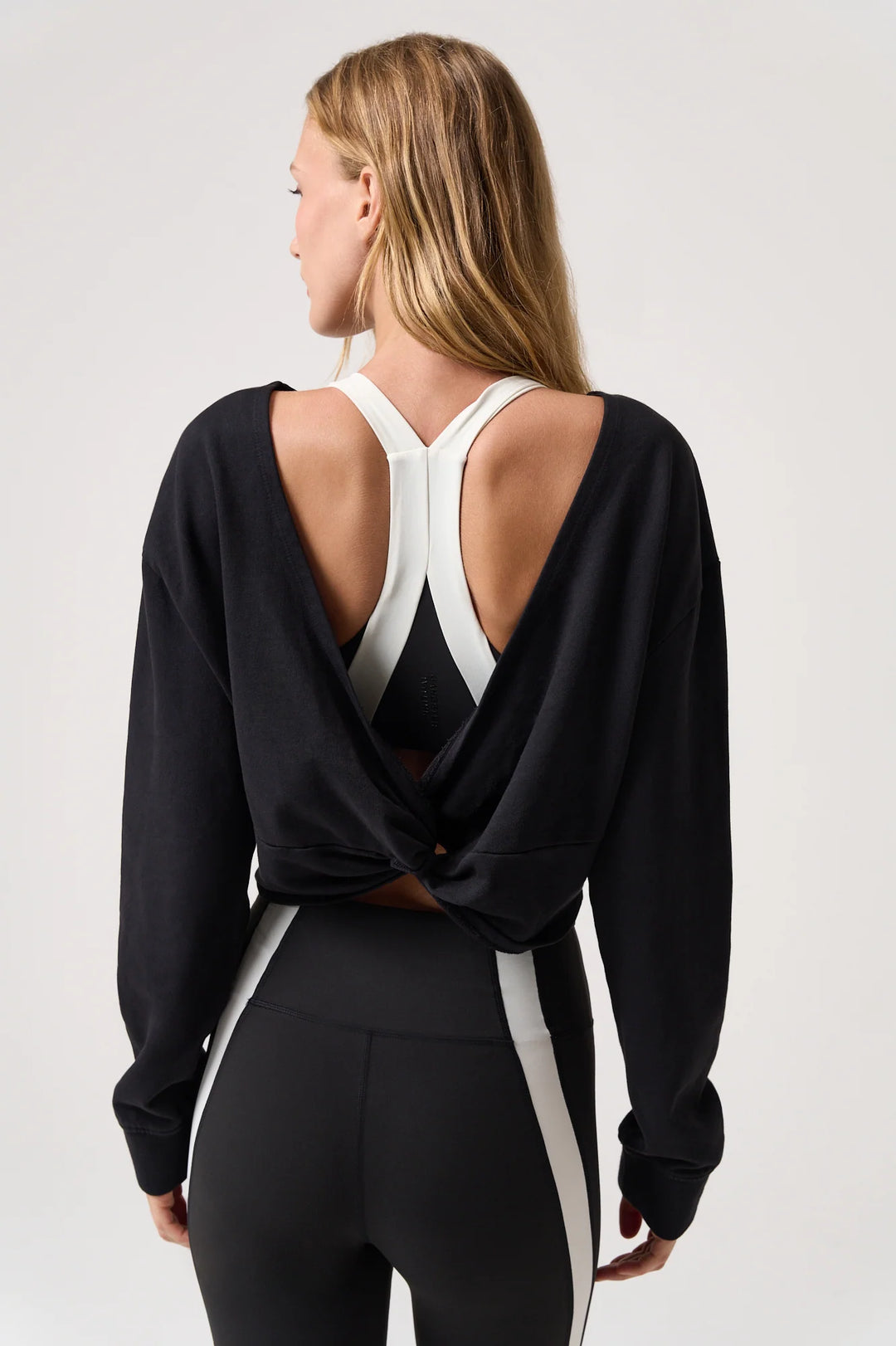 spiritual gangster mystic long sleeve open twist back reversible cropped sweatshirt black athleisure women&