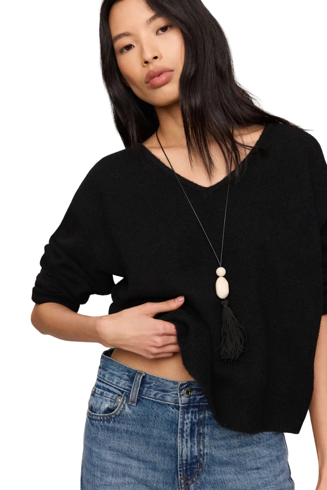 z Supply cerro v-neck relaxed fit sweater in black with medium wash denim