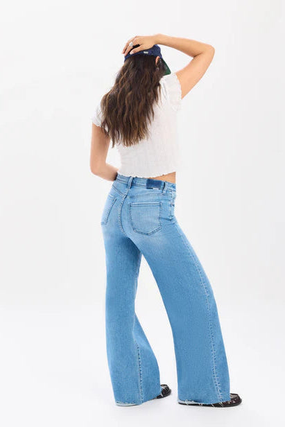 daze denim far out high rise wide leg jeans with cream color crop top and loafers