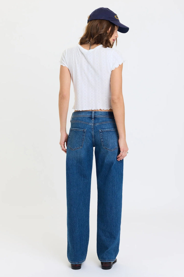 daze denim replay low rise v-waist barrel jeans in a medium wash with a white pointelle lettuce trim short sleeve t-shirt