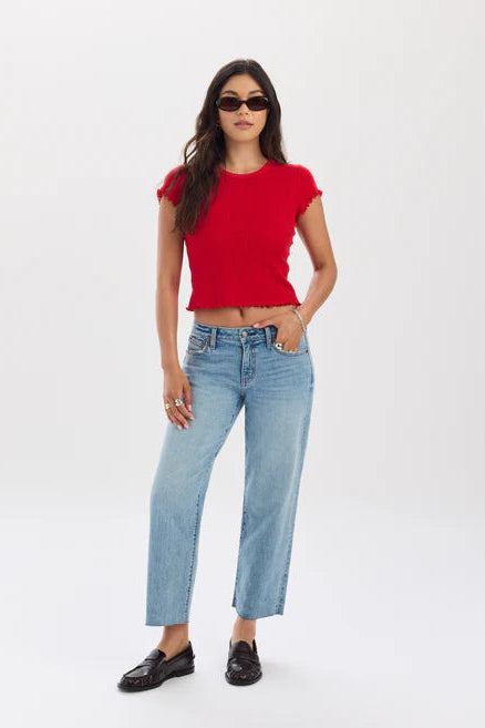 daze denim keeper low rise cropped straight jeans black loafers raw Hem light wash denim with a red top
