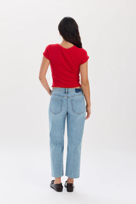 daze denim keeper low rise cropped straight jeans black loafers raw Hem light wash denim with a red top