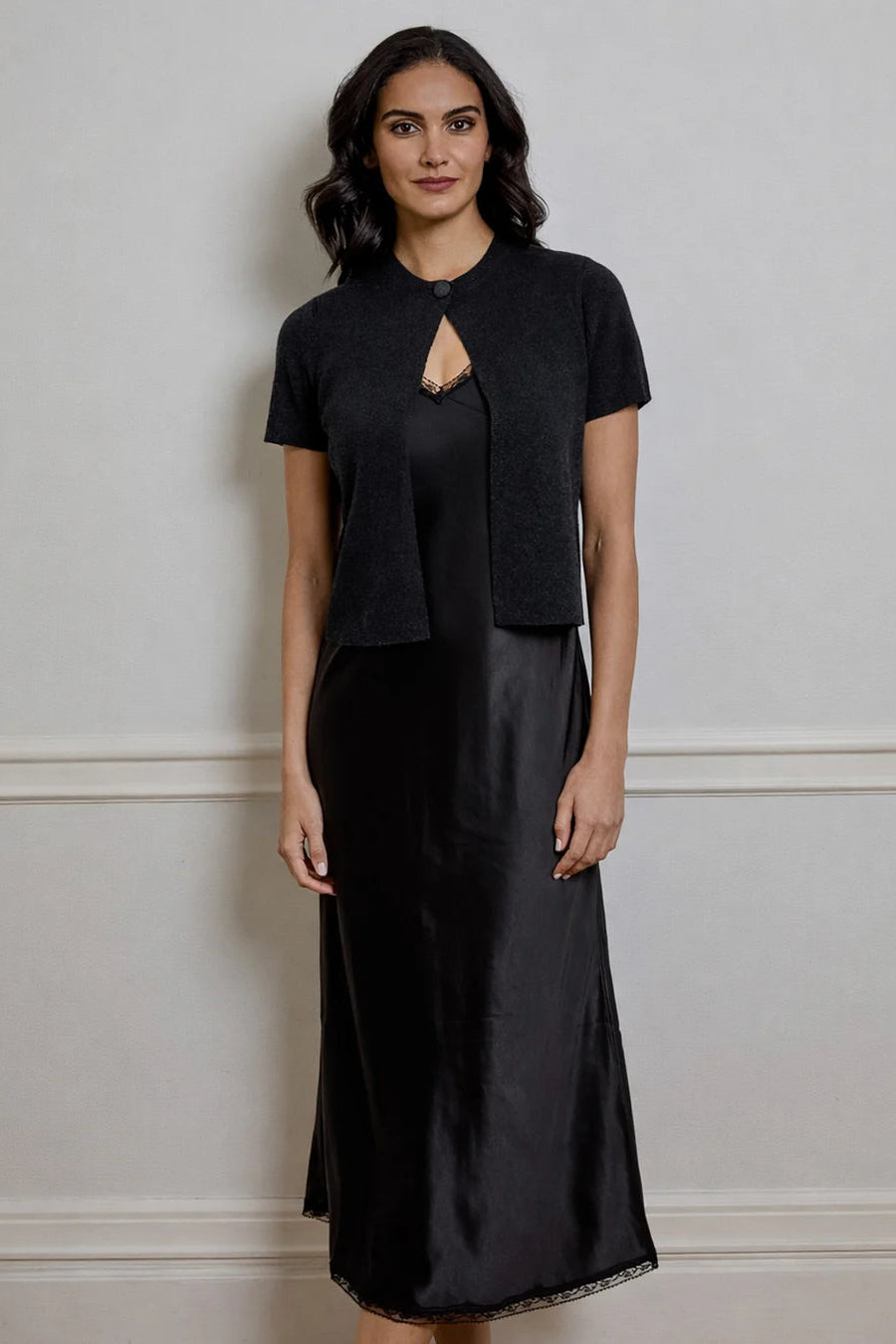 DH New york Viv Sweater/dress Combo black satin midi dress with lace trim with a short sleeve single-button black cardigan 