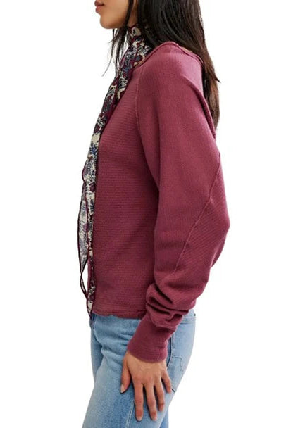 free people burgandy jess long sleeve thermal top shirt boat neck