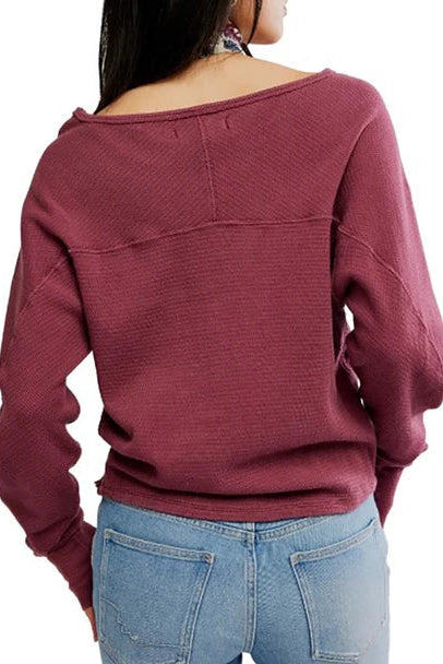 free people burgandy jess long sleeve thermal top shirt boat neck