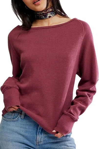 free people burgandy jess long sleeve thermal top shirt boat neck