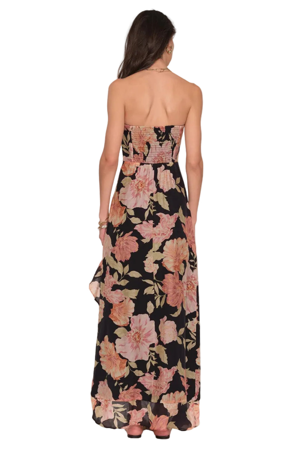 heartloom Lariat strapless slim fit dress in black with pink floral print Maxi length with a side slit and ruffles