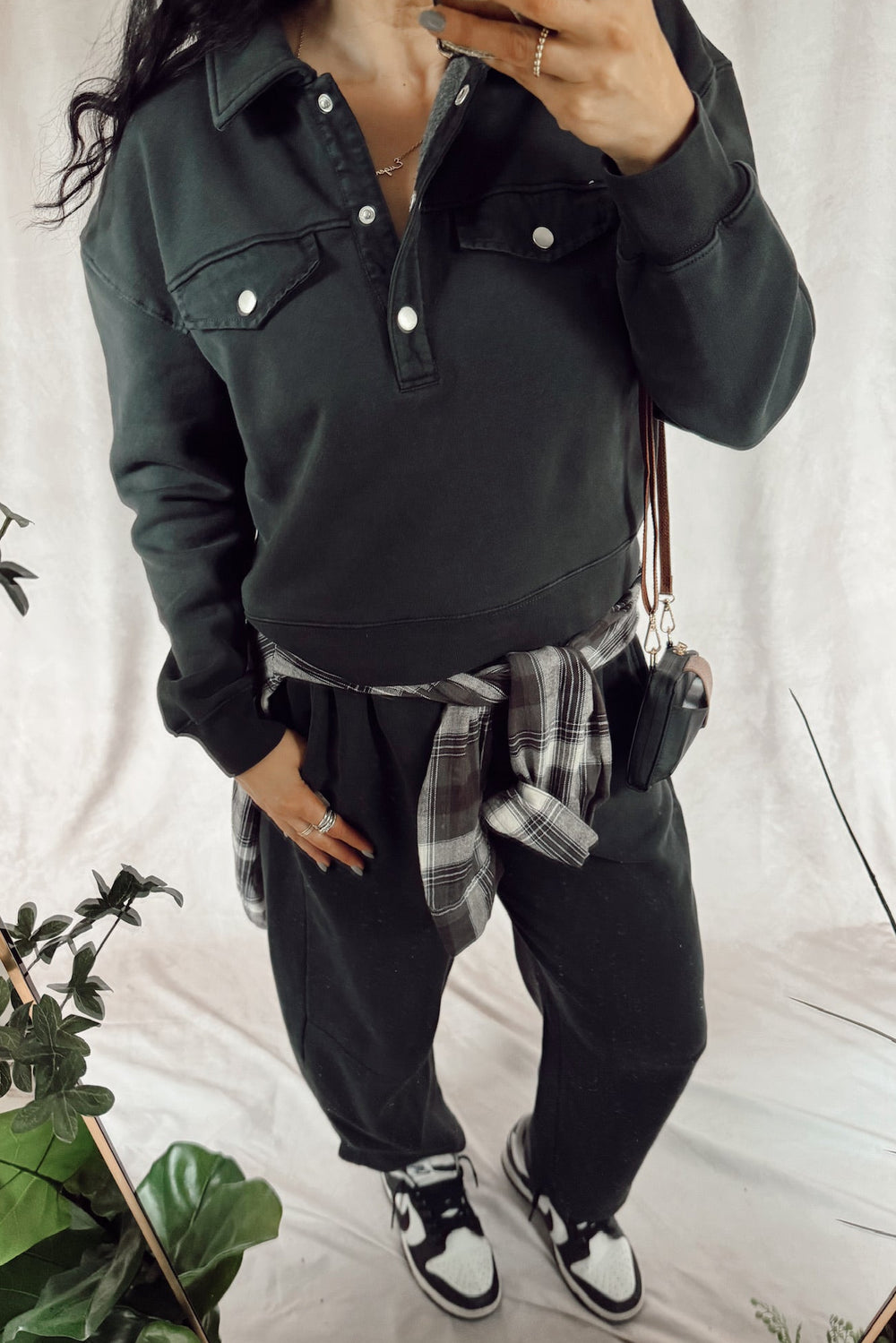 velvet heart matching sweat set Hancock pullover sweatshirt with Joshua sweatpants with a flannel tied around the waist and black and white Nike dunks