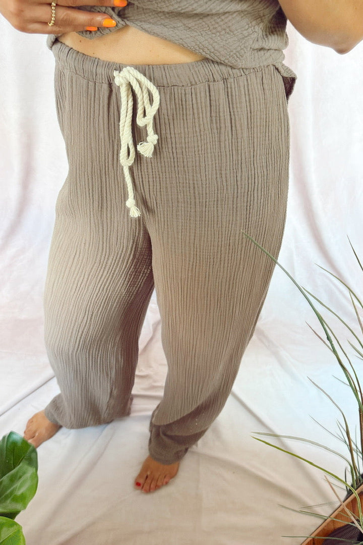 stateside 100% cotton gauze boardwalk Pant straight leg relaxed summer pant taupe sandstone