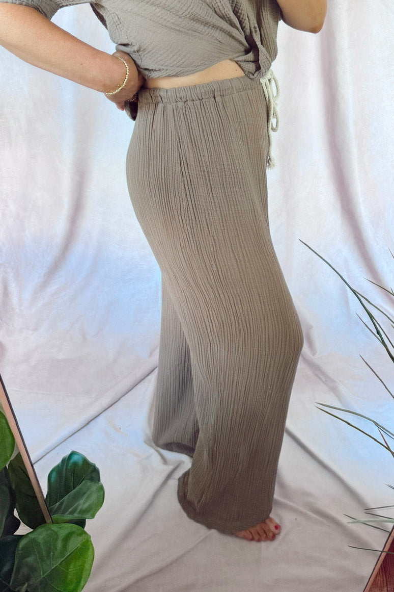 stateside 100% cotton gauze boardwalk Pant straight leg relaxed summer pant taupe sandstone