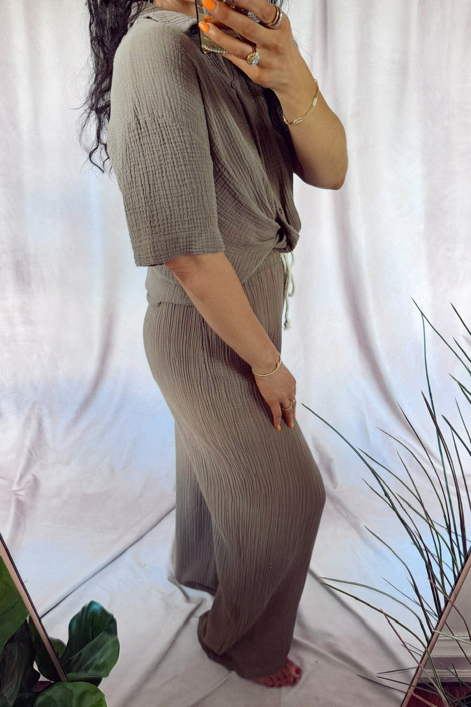 stateside 100% cotton gauze boardwalk Pant straight leg relaxed summer pant taupe sandstone