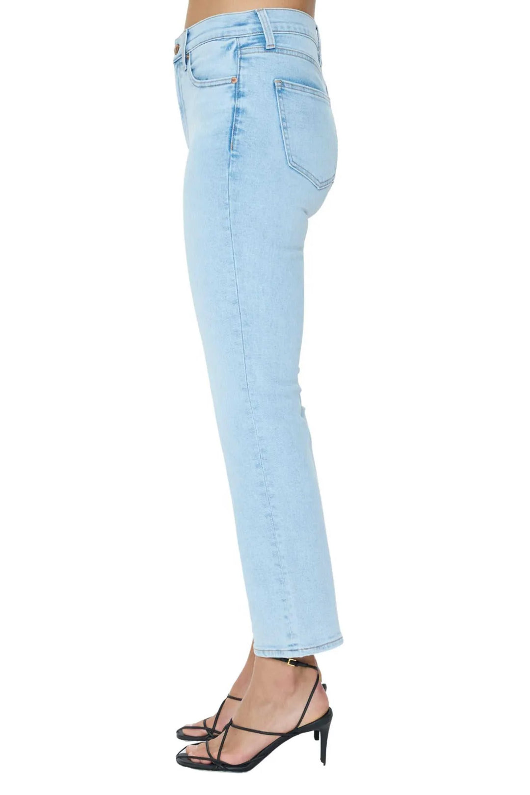 PISTOLA denim Lennon High Rise boot cut jeans in Cherish light wash with a short sleeve white tee shirt and black strappy heels 