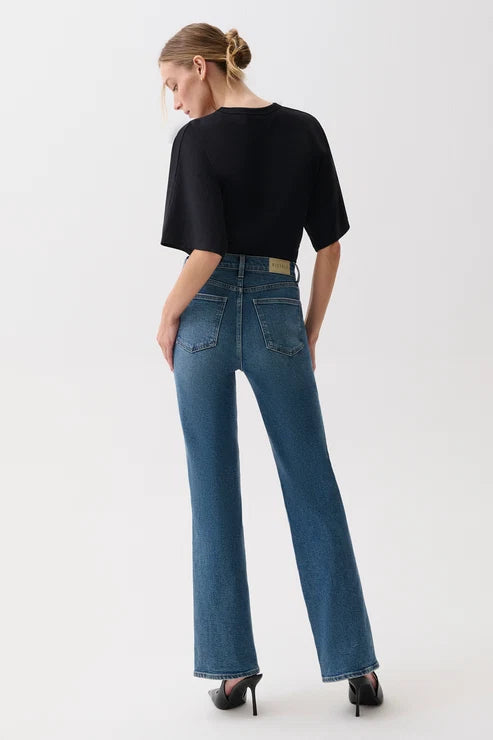 pistola denim Evie high Rise comfort stretch slim boot cut jeans medium wash with a black short sleeve top and black pumps
