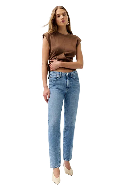 pistola Aleks Mid rise straight long jean in medium denim wash with light heels and a brown top