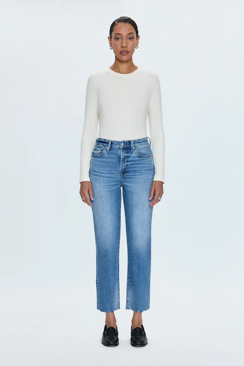 PISTOLA charlie classic high rise straight leg jeans in rhythm vintage medium wash with a white long sleeve tee 