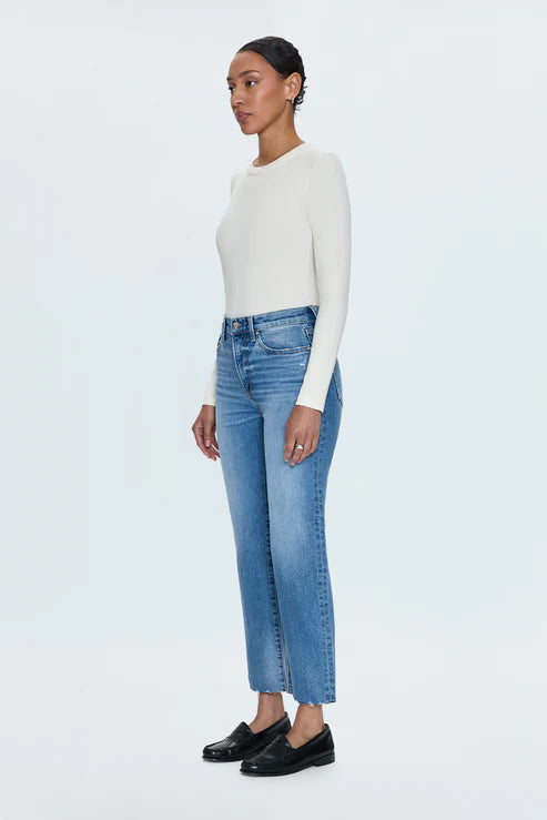 PISTOLA charlie classic high rise straight leg jeans in rhythm vintage medium wash with a white long sleeve tee 