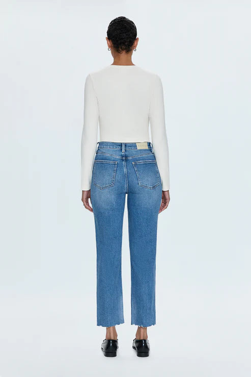 PISTOLA charlie classic high rise straight leg jeans in rhythm vintage medium wash with a white long sleeve tee 