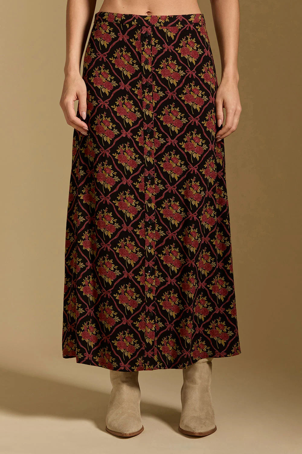 saltwater Luxe Nolla midi woven button front skirt black with red motif pattern