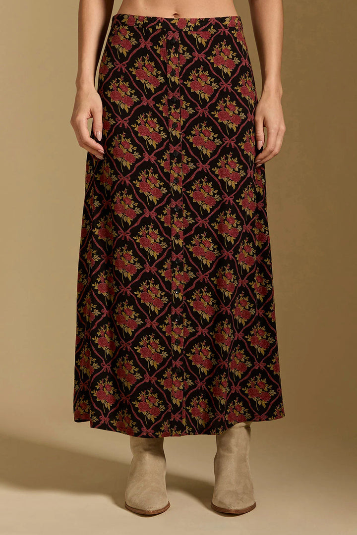 saltwater Luxe Nolla midi woven button front skirt black with red motif pattern
