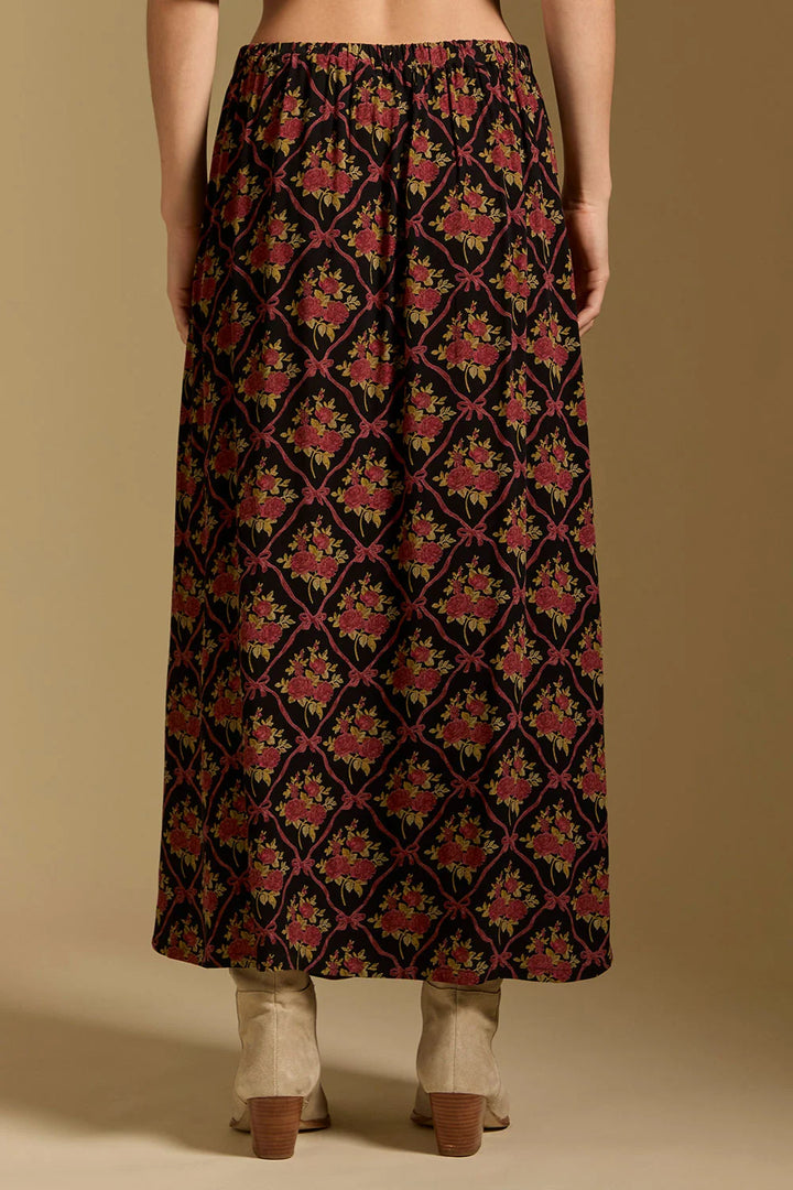 saltwater Luxe Nolla midi woven button front skirt black with red motif pattern